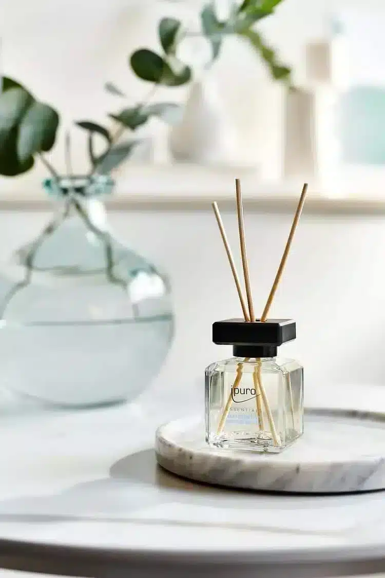 ipuro Essentials Cotton Fields 50ml geurstokjes op marmeren schaal met eucalyptus in huiskamer