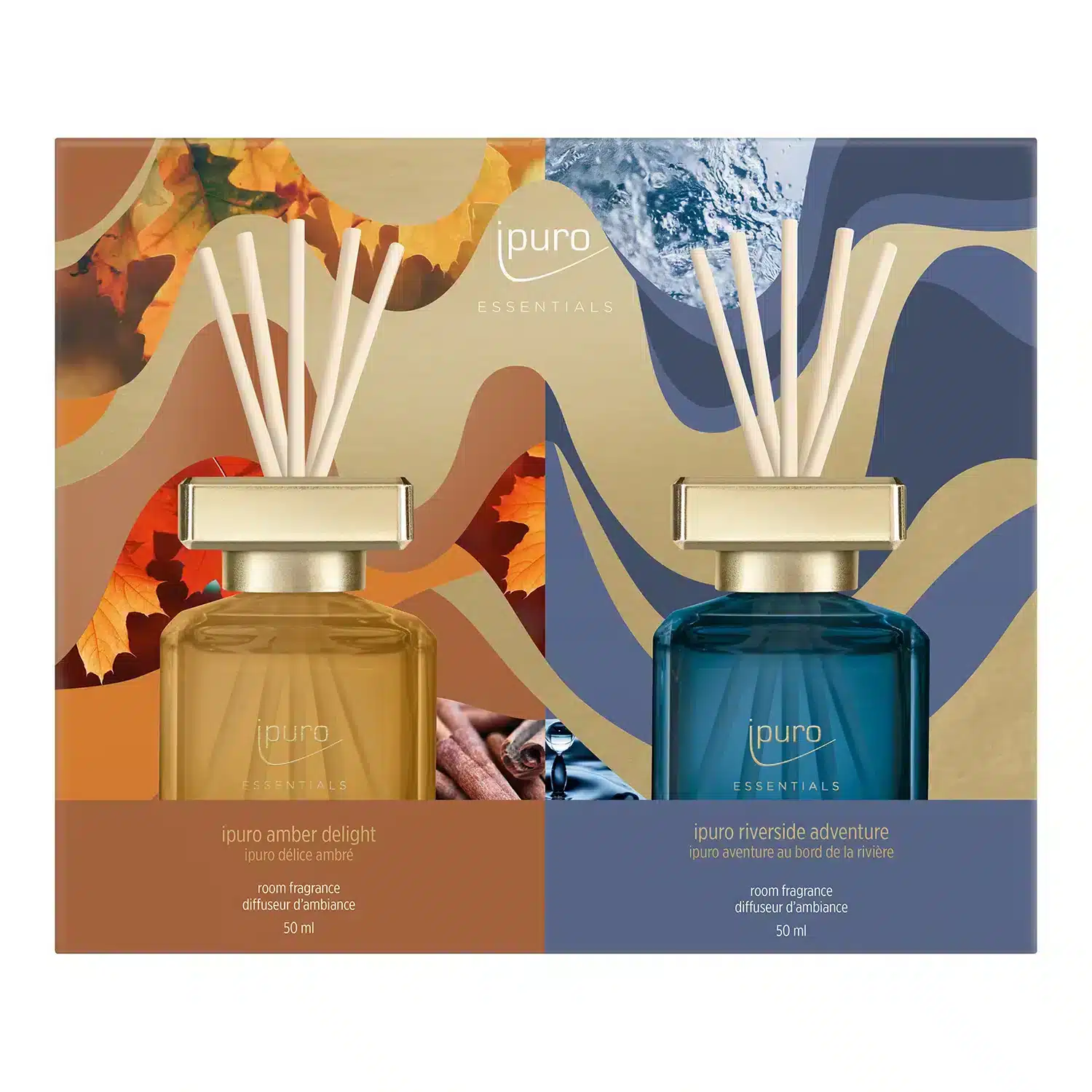 Essentials geurset Amber Delight & Riverside Adventure, twee huisparfums van 50 ml elk