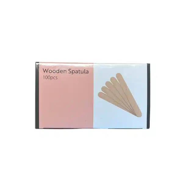Verpakking met 100 houten spatels voor het hygiënisch aanbrengen van wax, gel of andere schoonheidsproducten.