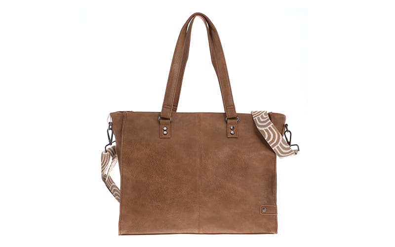 Sac cabas/cartable Veghel Camel couleur cognac avec bandoulière à motifs, vue de face